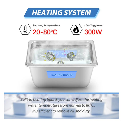 Big 6 Liter Ultrasonic Cleaner With Digital Timer And Heat Function For PCBs Jewelry Tools heating system with 20-80°C range.