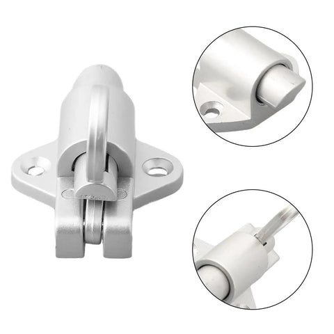 Self Closing Aluminum Alloy Door Latch Spring Bounce Gate Safety Lock shown from the front with detailed close-ups.