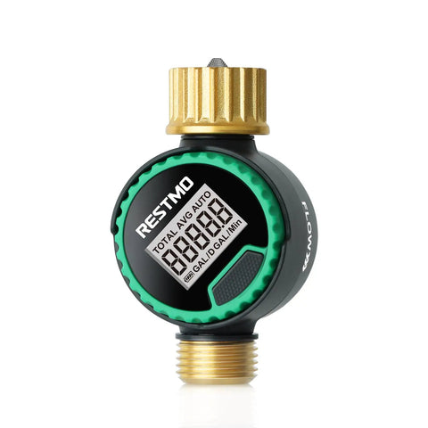 360 Degree Rotatable Water Flow Meter With Brass Inlet And Outlet, displaying real-time flow rate, suitable for hoses and irrigation.
