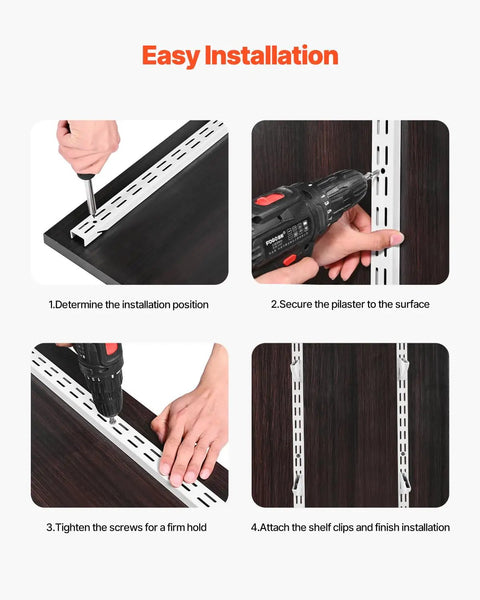 Easy installation steps for Premium Heavy Duty 60 Inch Shelf Pilasters 5 Pack Dual Track Upright Wall Shelving System.