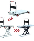 Heavy Duty Electric Scissor Lift Table, 660 Lbs Hydraulic Lifting Cart With Plug And Play Controls, foldable design with wheels and handle.