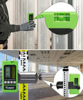 Tech using LR-5RG Laser Receiver For Line Lasers With Green And Red Beam Detection in construction site and indoor settings.