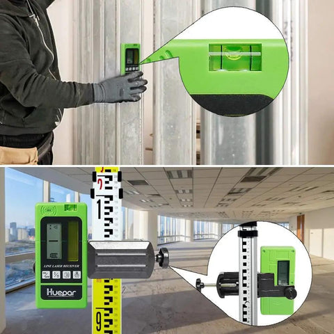 Tech using LR-5RG Laser Receiver For Line Lasers With Green And Red Beam Detection in construction site and indoor settings.