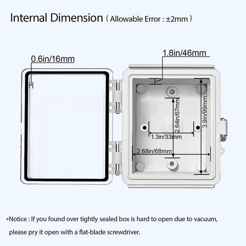Dimension details of ABS Junction Box Enclosure With Hinged Clear Cover And Stainless Steel Latch IP67 Waterproof Rugged Outdoor Electrical Project Box