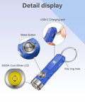 Detail display of Ultra Bright Mini USB C Rechargeable EDC Flashlight With Clip Tiny But Mighty Keychain Light Delivers 650 Lumens For Camping Hiking Emergencies Blue Aurora A1 G4 showing USB-C port, metal button, cool white LED, and key ring hole, emphasizing compact features and design.