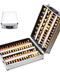 Knockout 100 Piece Router Bit And Chisel Set With 1/4 Shank in a locking storage box, showing organized steel bits for woodworking.