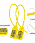 Yellow Plastic Barcode Seals Pack, Tamper Evident Security Tags, Pull Tite Zip Ties For Fire Extinguishers, 10 Inch Length, Durable PP Material, Tamper Proof Locks, Numbered Seals For Easy Tracking shown in detail with highlighted tie and tail features.