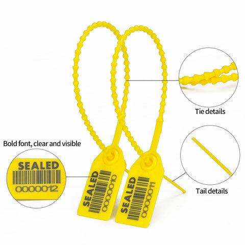 Yellow Plastic Barcode Seals Pack, Tamper Evident Security Tags, Pull Tite Zip Ties For Fire Extinguishers, 10 Inch Length, Durable PP Material, Tamper Proof Locks, Numbered Seals For Easy Tracking shown in detail with highlighted tie and tail features.