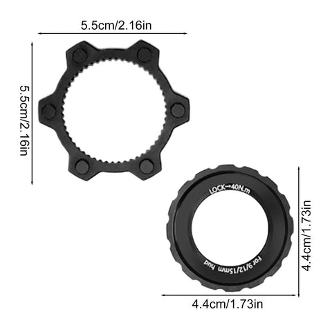 Center Lock Adapter For Bikes Lightweight Aluminum Disc Brake Rotor Upgrade, dimensions shown, black color.