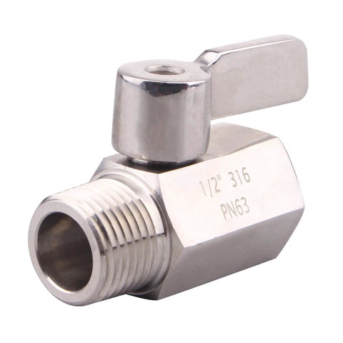 Half Inch Stainless Mini Ball Valve Female To Male NPT Threads, SUS316 Body And Ball, Heavy Duty Stainless Handles, Side View