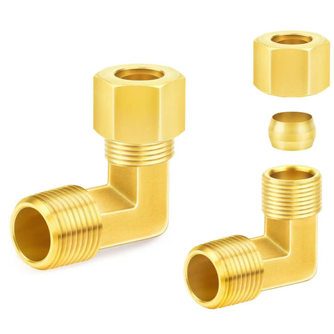 Brass Compression Elbow Fitting One Half Inch Tube OD To One Half Inch NPT Male 90 Degree Connector Two Pack For Plumbing Systems