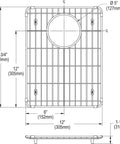 Technical drawing of the Stainless Steel Bottom Grid For 12 Inch By 15 And Three Quarter Inch Sink Bowls Corrosion Resistant With Protective Feet
