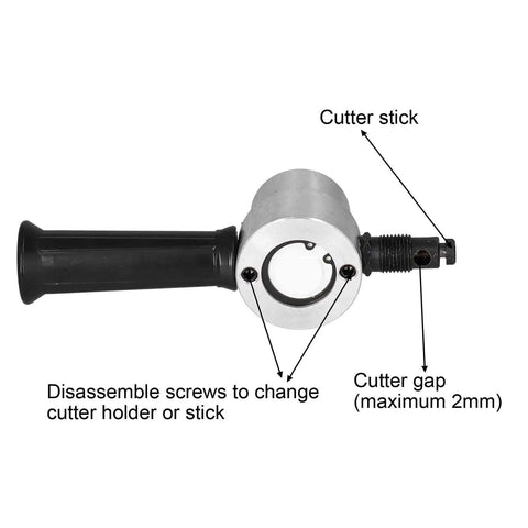 Side view of Dual Head Metal Cutter Drill Attachment with instructions for cutter stick and disassembly screws.