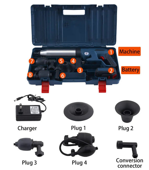 Rechargeable High Pressure Air Plunger For Clogged Toilets, Sinks, And Shower Floor Drains With PSI Gauge And 4 Plugs, Quick Blast Unclogger kit