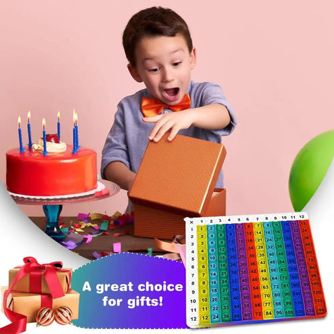 Colorful Rainbow Multiplication Table Card Set With 12x12 Chart Flash Cards in gift box with boy opening present