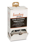 Bouton Optical lens cleaning towelettes box; white carton with black/orange label; drawer with individual packets
