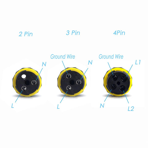 Diagram of 2-pin, 3-pin, and 4-pin connectors showing wiring details for IP68 Outdoor Junction Box 2-Way 2-Pin Waterproof Cable Connector For 3.5-7mm Wires M16 PA66 Housing Dual Pack Black Ideal For Power Cable Repair And Extension. Each connector is labeled with pin and wire type.