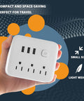 Hand holding Power Strip With USB Ports And 3 Outlets Flat Plug Desktop Charging Station For Dorm Home Office Travel UL Listed