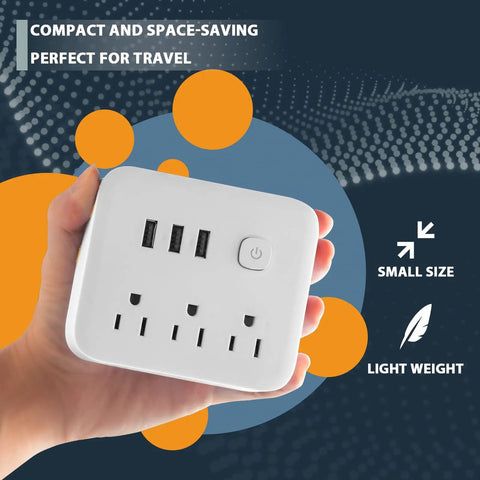 Hand holding Power Strip With USB Ports And 3 Outlets Flat Plug Desktop Charging Station For Dorm Home Office Travel UL Listed
