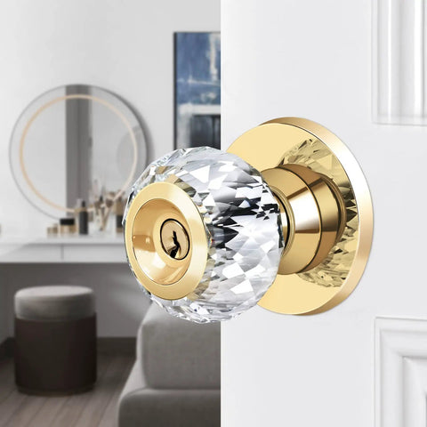 Crystal Glass Door Knob Set With Lock And Keys, 2 Pack Keyed Alike Privacy Door Knobs For Bedroom And Bathroom, Gold Finish on interior door