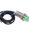 Single sensor from 5 Piece Inductive Proximity Sensor Switch Kit NPN IP65 Aluminum Alloy For Industrial Machinery Automation Equipment Non Contact Metal Detection With 10mm Sensing Range 6 To 36VDC. Image shows metal sensor with cable attachment and green tip for non-contact metal detection in automation.