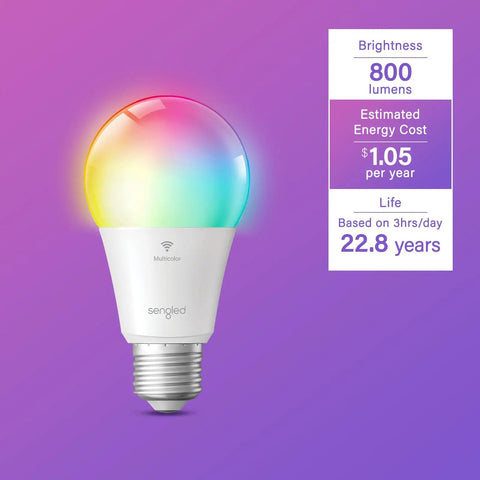 WiFi Color Changing A19 LED Bulbs With Alexa And Google Assistant, No Hub Needed, showing color gradient and energy info