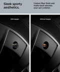 Comparison of tires with and without magnetic tire valve caps for Schrader valves, carbon black, 4 pack. Sleek sporty aesthetics.