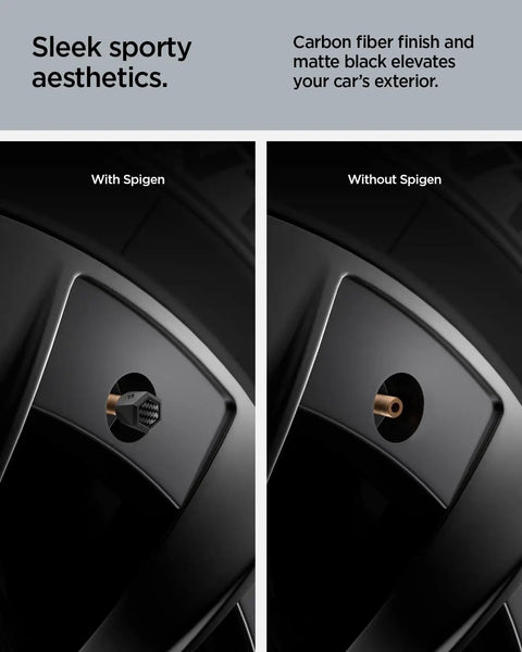 Comparison of tires with and without magnetic tire valve caps for Schrader valves, carbon black, 4 pack. Sleek sporty aesthetics.