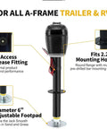 Front view of Pafessa USA 12V electric RV tongue jack with touchpad, 4000 lb lift, 18 in travel, 4.5 in ext, black post