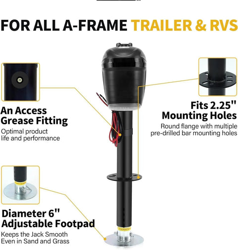 Front view of Pafessa USA 12V electric RV tongue jack with touchpad, 4000 lb lift, 18 in travel, 4.5 in ext, black post