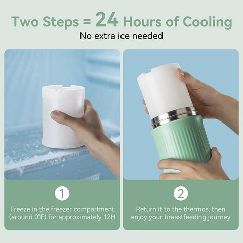 Totally Clutch Game Changer Portable Breast Milk Cooler With 360 Degree Chill Tech process showing freezing and use steps.