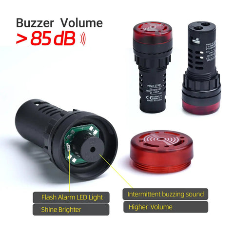 22mm Piezo Buzzer with Red Indicator Light 12V DC AC LED 7/8 Inch Mounting, Intermittent Beep Alarm, Flash Signal for DIY Control Panels