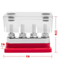 Real Deal Heavy Duty Marine Battery Bus Bar 12 24 48 Volt 600 Amp Copper Terminal Block with clear cover and red base.