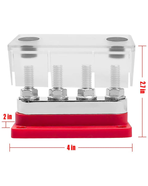 Real Deal Heavy Duty Marine Battery Bus Bar 12 24 48 Volt 600 Amp Copper Terminal Block with clear cover and red base.