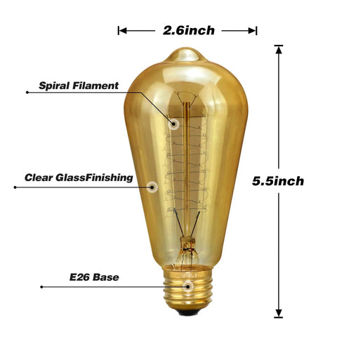 Old School Edison ST64 40W Incandescent Bulbs With Dimmable E26 E27 Bases For Outdoor Sockets And Light Fixtures, Vintage Amber Glass