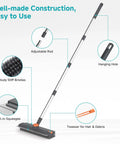3 In 1 Floor Scrub Brush With Long Adjustable Handle Heavy Duty Stiff Bristles And 90 Degree Design Squeegee And Tweezer For Cleaning Bathrooms Kitchens Garages Tiles Decks And Patios Gray