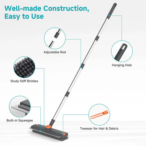 3 In 1 Floor Scrub Brush With Long Adjustable Handle Heavy Duty Stiff Bristles And 90 Degree Design Squeegee And Tweezer For Cleaning Bathrooms Kitchens Garages Tiles Decks And Patios Gray
