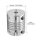 Close-up of 2 Pack Aluminum Alloy Shaft Coupler for Stepper Motors 6.35mm to 12mm, 30mm length, 25mm diameter, for 3D Printers and CNC Machines.