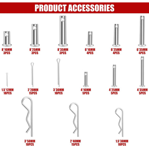 Premium 304 Stainless Steel Clevis Pin And Cotter Pin Kit Heavy Duty 122 Pieces 15 Sizes R Clips And Hairpins with sizes shown.