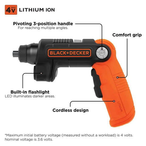 All In One 4V Max Cordless Screwdriver With Pivoting Handle And Built In LED Light, Handy Rechargeable Flashlight Combo