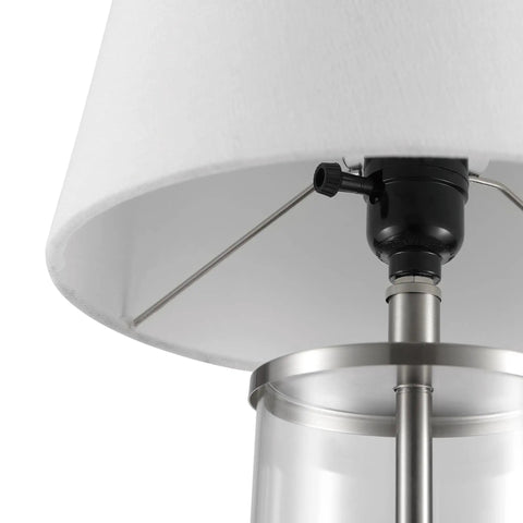 Close-up of the top of Maya 21 Inch Fillable Table Lamp With Clear Glass Base And White Linen Shade Coastal Transitional Style