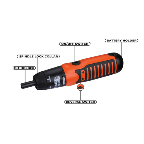 Labeled diagram of Grab And Go 6V Cordless Screwdriver Kit With 14 Bit Set, showing controls and features.