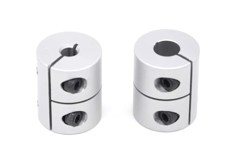 Two aluminum shaft couplings, 25mm length, 20mm diameter, 5-8mm bore, silver split-clamp design