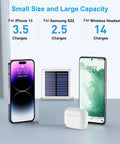Pocket Sized Solar Power Bank 12000mAh With Built In Cables And Dual USB Outputs USB C Input Output Lanyard Carry Ultra Portable Solar Charger, shown charging iPhone, Samsung S22, and wireless headset.