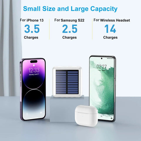 Pocket Sized Solar Power Bank 12000mAh With Built In Cables And Dual USB Outputs USB C Input Output Lanyard Carry Ultra Portable Solar Charger, shown charging iPhone, Samsung S22, and wireless headset.