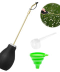 Diatomaceous Earth Duster For Cracks And Crevices, Long Metal Tube Powder Applicator, shown with nozzle, scoop and funnel.