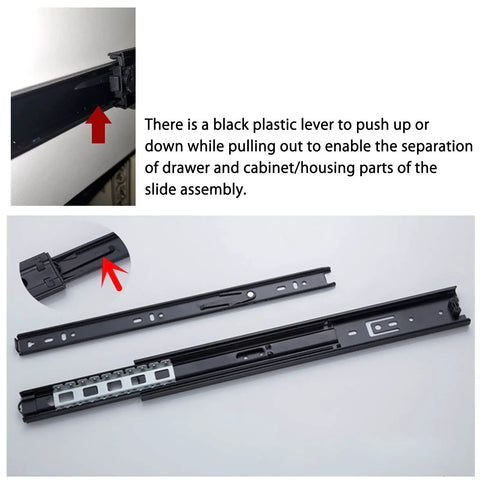 Close-up of Heavy Duty Full Extension Drawer Slide With 300 600 1000mm Rails showing black plastic lever for easy installation