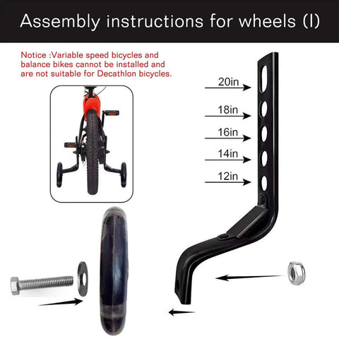 Quiet Training Wheels Kit For 12 To 20 Inch Kids Bikes, Mute Wheel System With 2 Universal Legs, assembly instructions shown