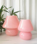Swirl Mushroom Glass Lamp In Striped Pink, Hand Blown Translucent Murano Style Table Bedside Light, Italian Modern Decor
