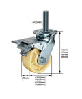 Heavy Duty Eight Inch Nylon Swivel Casters With M20 Threaded Stem And Locking Brakes Rock Solid Double Ball Bearings Rolls Like A Dream side view showing dimensions